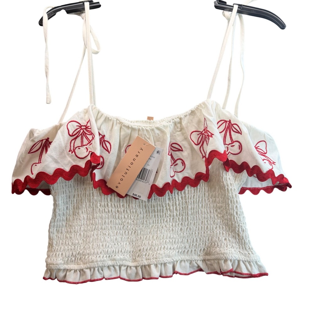 Evolutionary Cherry Smocked Crop Top Women XL White Red Embroidered Coquette NEW